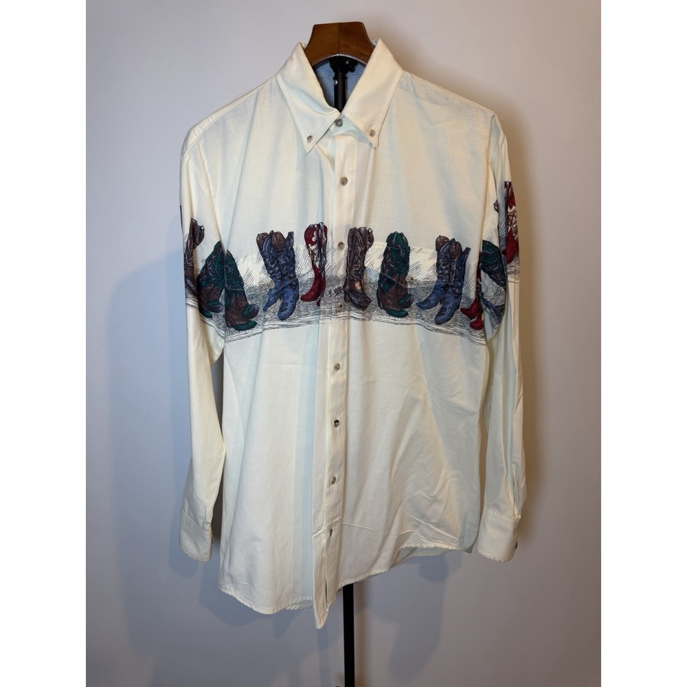 VTG Roper Mens Western Shirt COWBOY BOOTS Print Riding SZ Large Southwest Stain